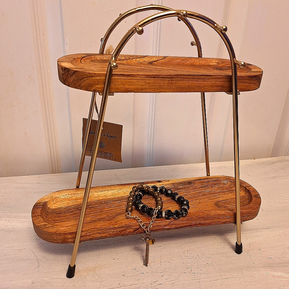 Jewelry Display Stand Wood Gold Metal Organizer Hanging Hooks Necklace Holder